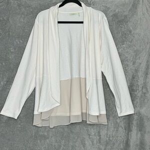 Logo Lounge 1X Cardigan Top Cream Solid Long Sleeve Waterfall Open Front Stretch